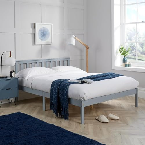 Home Source Florida Solid Wood Low End Bed Frame, Natural Wood, Grey, 4ft 6in Double