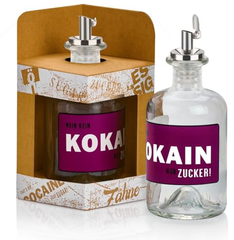Zuckerstreuer aus Glas NEIN KEIN KOKA!N-NUR ZUCKER! mit Geschenkbox u. Edelstahl Ausgiesser leer Traubenrot