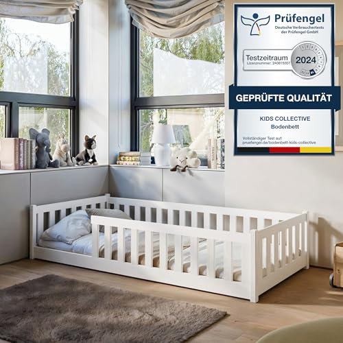 Kinderbett Bodenbett 90x200 cm mit Rausfallschutz & Lattenrost Montessori Bett Bed Gitterbett Kinder Jugendbett Einzelbett optional mit Matratze | weiß weitere Größen 80x160 | 120x200 | 140x200 cm