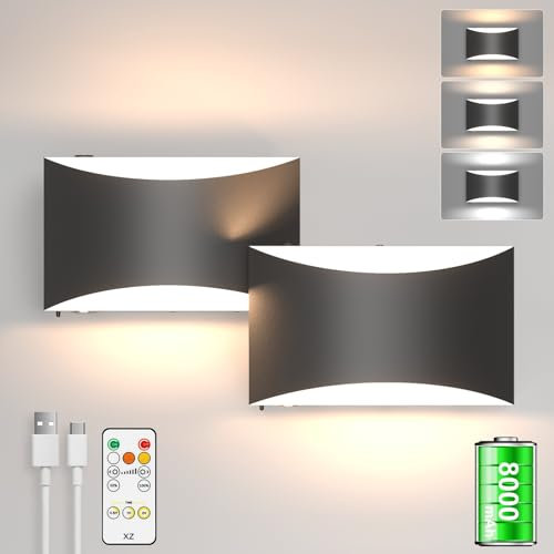 Aipsun 2 Stück 8000mAh Akku Wandleuchte Innen mit Fernbedienung, 8W Kabellos & Dimmbar (3 Farben/Timer), Schwarz - Kabellose Wandleuchte für Schlafzimmer/Wohnzimmer/Flur/TV-Wand