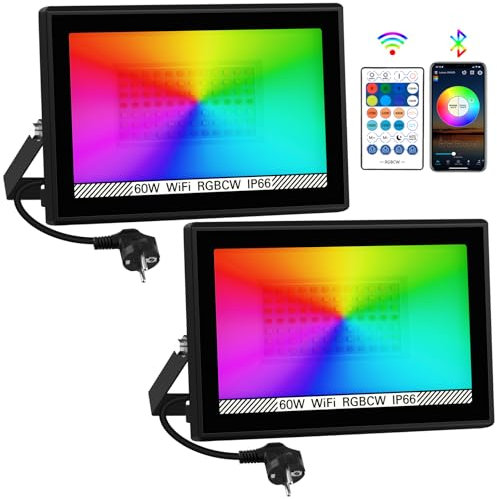 Faro LED Esterno RGB, T-SUNUS 60W Proiettore LED RGB WIFI IP66 Impermeabile Controllo APP Bluetooth Faretto LED RGB Esterno per Giardino Cortile Feste Halloween