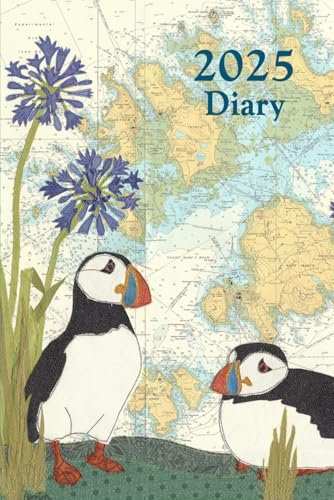 Puffins at Scilly Cornwall 2025 diary weekly planner journal - coastal nautical designs sewn onto old sea charts maps | week to view