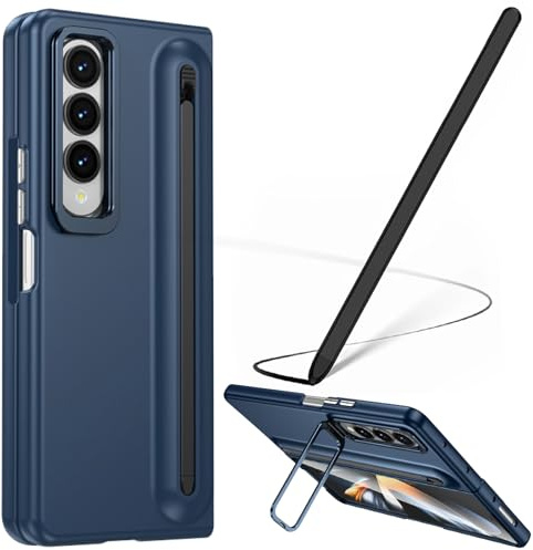Coque pour Samsung Z Fold 4 avec Stylet, Porte-Stylet intégré, étuis pour Samsung Galaxy Z Fold4 avec Protection d'écran, Stylet de Remplacement pour S Pen et béquille réglable-Bleu