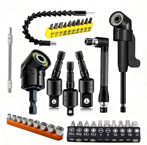 37Pcs Flexible Drill Bit Extension right angle drill attachment Include 90 degree Bits drill attachment Hex Shank 105° Right Angle Drill Attachment Short Screwdriver Rotatable Socket Adapter