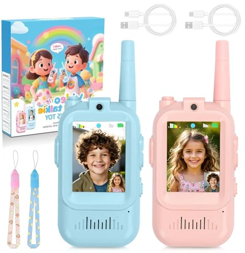 Video Walkie Talkies for Kids, 2 Pack Pink+Blue Rechargeable Walkie Talkies with Camera & Voice Changer, Indoor Outdoor Toys Easter Birthday Gifts for Boys and Girls