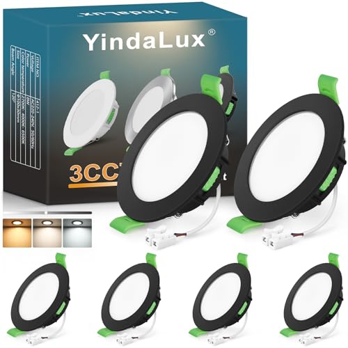 YindaLux 6x LED Einbaustrahler 230V Dimmbar 8W IP44 Schwarz Loch 75-90 mm | 800lm, IP44, ultraflach, 3 Lichtfarben 2700K/4000K/6500K wählbar, Flimmerfrei, für Bad, Küche und Wohnzimmer