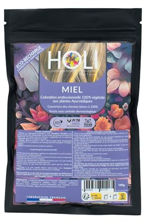 Holi Cosmétiques Coloration Cheveux I Teinte Miel | Eco Recharge I Henné Cheveux | 100% Végétale et Naturelle | Vegan I Blond Clair aux Reflets Dorés Cuivrés