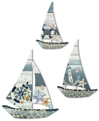 Putuo Decor 3-teiliges Segelboot Wanddeko Set, Maritime Holzboot Wanddekoration mit Metallhaken, Küstendeko für Schlafzimmer, Bad und Seehaus