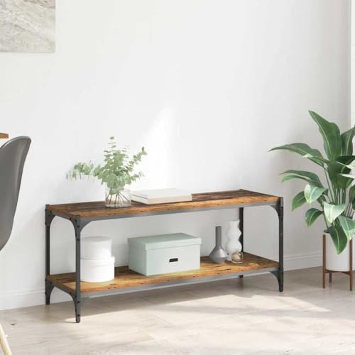 Foknhdi TV-Schrank Altholz 100x33x41 cm Massiver Verbundholz Bücherregal mit Eisenrahmen Schmales Standregal für Wohnzimmer Büro Küche Flur Rustikales Design Höchstbelastung 60 kg