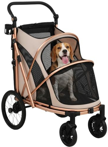 PawHut Hundewagen Faltbar Hundebuggy Mittelgroße Hunde 20 kg Hellbraun | Katzenwagen, Hundetrolley, Leicht, Doppeltüren, Netzfenster, Kissen, Verstellbarer Griff, Sicherheitsleinen, Doppelbremsen