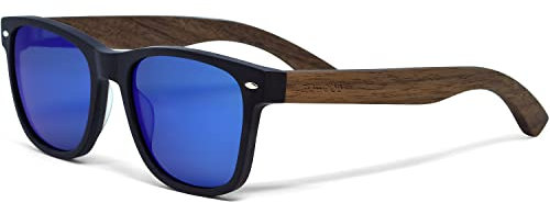 Sonnenbrille Damen & Herren Holz | Premium Walnussholzbügel Schwarzer Acetatrahmen | Holzbrille UV400 Polarisiert Gläser | Damen & Herren Sonnenbrille UV Schutz | (blau)