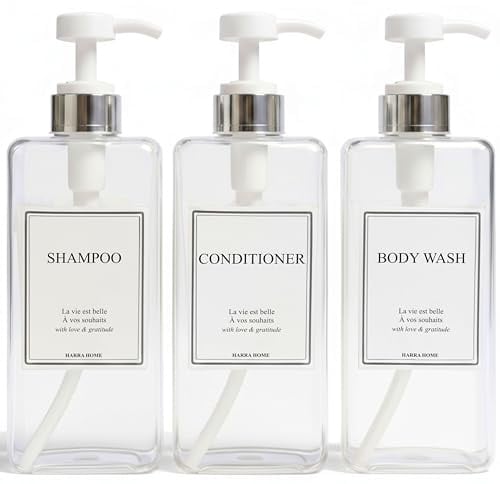 Modern Design Shampoo and Conditioner Dispenser, Large 27oz Shower Soap Dispenser, Set of 3 Refillable Empty Plastic Pump Bottles for Bathroom, 6 Waterproof Labels Included, (Clear & Silver)
