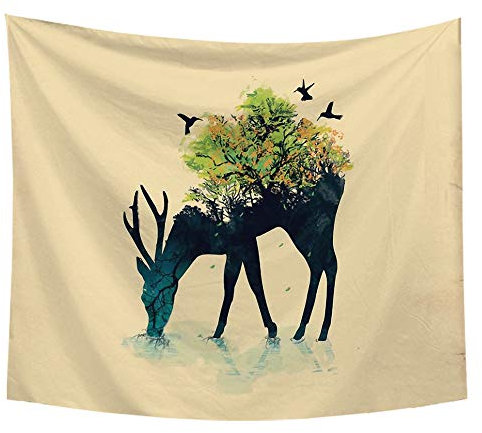 Odot Wandteppich Wandtuch Wandbehang, Nordisch Grüne Pflanze Drucken Tapisserie Tischdecke Meditation Yogamatte Strandtuch von Zuhause Wanddekorationen (150x200cm,Jungle Hirsch)