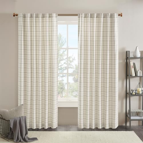 Madison Park Anaheim Cabin Plaid Curtain Window, Thermal Insulated Fleece Lining, Living Room Decor Room Darkening Drape for Bedroom, 1-Single Panel Pack, 50x84, Rod Pocket & Back Tab, Natural
