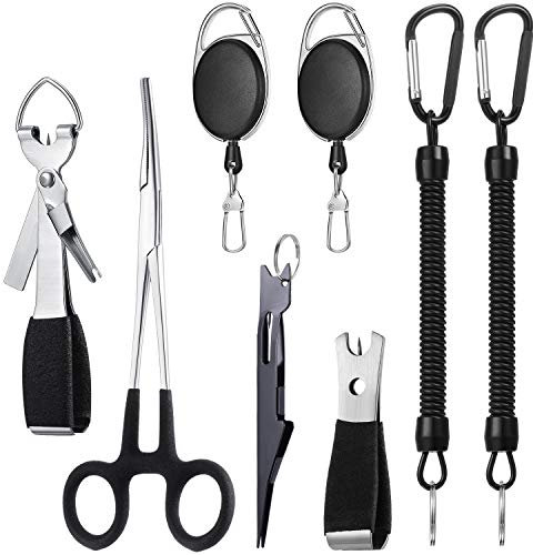 Skylety 8 Pieces Fly Fishing Tools Accessories Include 4 in 1 Fly Line Clipper Black Knot Tyer Fishing Line Nipper Fishing Hook Remover Forcep Retractors Keychains and Fishing Lanyard for Anglers
