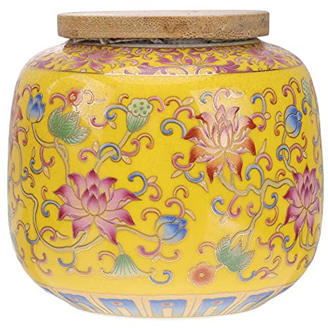 Cabilock Vintage Chinese Style 230ML Ceramic Tea Canister with Airtight Wood Lid, Traditional Tea Storage Jars for Kitchen Spice, Coffee, Condiment - Yellow