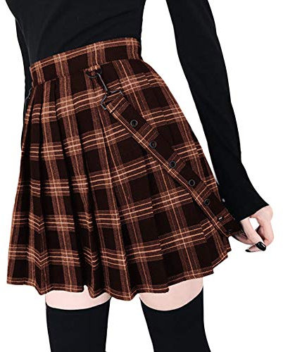 Tidecc Damen Gothic Plissee Minirock Plaid Strapsriemen A-Linie Hohe Taille Plissee Kurz Mini Schwarz Rock Kleid, coffee, 36