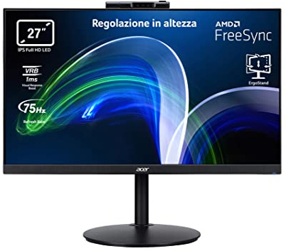 acer CB272Dbmiprcx Monitor PC Professionale 27, Display IPS Full HD, 75 Hz, 1 ms, 16:9, FreeSync, VGA, HDMI 1.4, DP 1.2, Webcam, Speaker Integrati, Regolazione in Altezza, Cavi HDMI, USB 2.0 Inclusi