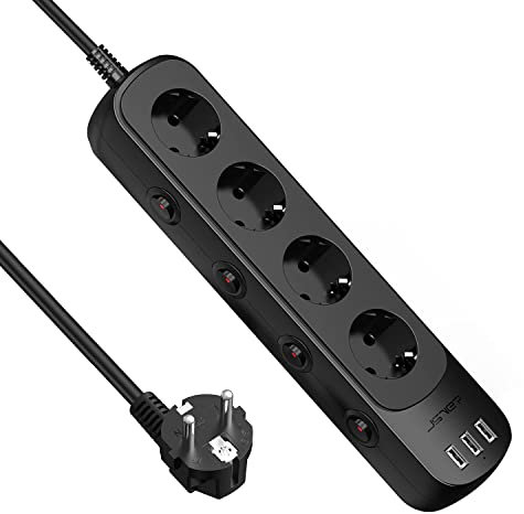 JSVER Steckdosenleiste Einzeln Schaltbar 4 Fach Mehrfachsteckdosen(3680W 16A) mit 3 USB Ladefunktion Verteilersteckdose mit Schalter für Smartphones Tablets 1,5m-Schwarz