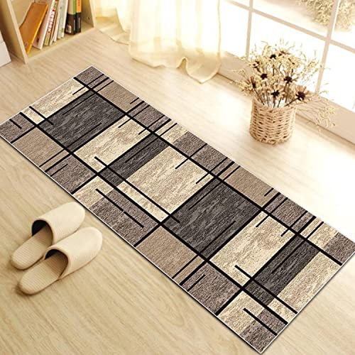 WTHYGB Teppich Läufer Flur Küche 50x200 cm, Modern rutschfest Waschbar Küchenläufer Flurläufer, Lang Polyester Plaid Muster Hellbraun Teppichläufer für Korridor, Schlafzimmer, Innen Wohnzimmer