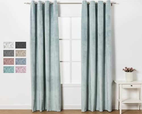 TRAMAS+ Rideaux occultants en Velours avec œillets pour Salon, Chambre à Coucher et Salon - Vert Tiffany 140 x 260 cm