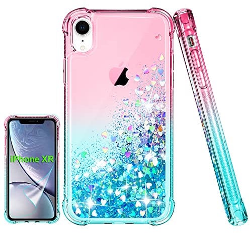 Pilaru for iPhone XR Case [with Screen Protector] Clear Liquid Heart Glitter Bumper Cover Soft TPU Cover Transparent Girly Protective Holographic Heart Phone Case for iPhone XR,Pink/Teal