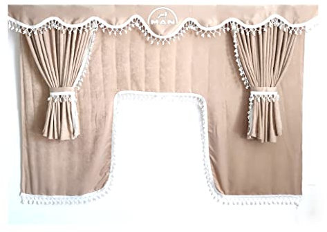 Vorhänge für LKW mit weißen Pompons, mit Man-Logo, Beige