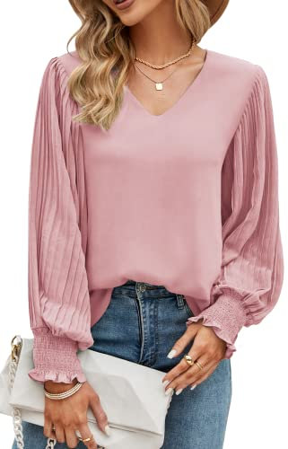 Odosalii T Shirts for Women UK Casual V Neckline Tunic Blouses Flowy Plain Long Sleeve Work Office Shirts Pink Tops for Wedding Guests X-Large