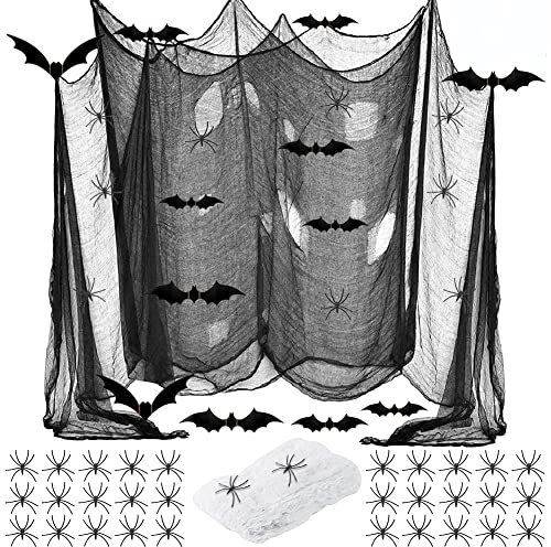 Halloween Gaze Dekoration Stoff,Halloween Deko Gruselig Stoff 215x 600cm, Weißen Spinnennetz Spinnen Fledermäuse,Gruseliges Tuch Schwarzes,Halloween Dekostoff für Halloween Party Dekoration