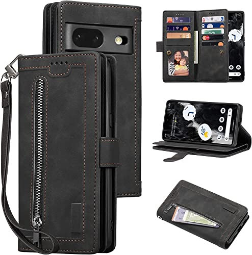 EYZUTAK Handyhülle für Google Pixel 7 Hülle,Flip Case Lederhülle Reißverschluss Magnetverschluss Brieftasche mit 9 Kartenfächern Standfuntion Retro Matt Ledertasche für Google 7-Schwarz