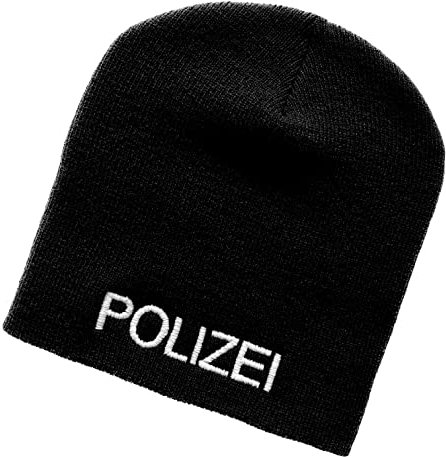 Schnoschi Schwarze Strickmütze (Beanie Mütze) mit Polizei Bestickt für Herren, Damen, Jugendliche und Kinder