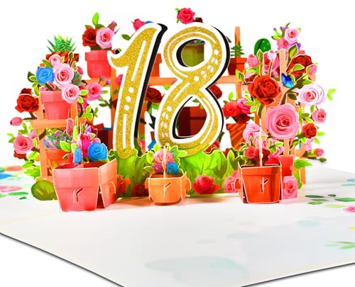 GREETING ART Pop Up 3d Grußkarte,18 Geburtstagskarte,Blume Pop Up 3d Geburtstagskarte zum 18. Geburtstag, Gubiläum 18 Jahre mit Umschlag für Frauen Mütter Männer Freunde Romantik Geschenk-Karte
