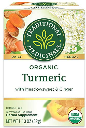 Traditional Medicinals Organic, Turmeric Tea with Ginger & Meadowsweet - Supports Normal Response to Inflammation - Kosher, Non-GMO, Caffeine-Free, Compostable - 16 Tea Bags