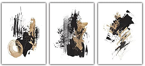 CPGG Kunstdrucke-3 Stück Abstraktes Minimalistisches Schwarz Gold Tinte Leinwand Gemälde Strichmuster Poster und Druck Wandkunst Bild für Wohnzimmer Dekor Artwork-40x60cm(Ungerahmt)