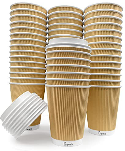 Cupsado - 50 x 8oz Cups + Lids - Ripple Wall Disposable Coffee Cups Includes Leak Proof Lids – 3 Ply Insulated Triple Wall Kraft Paper Cups for Hot Liquids – Best Takeaway Cups (8oz)