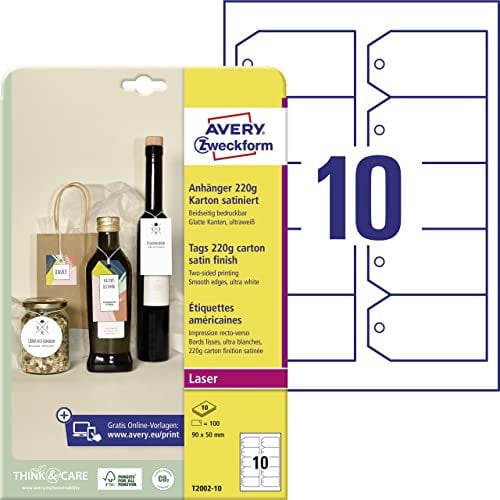 AVERY Zweckform T2002-10 stabile Anhänger 100 Stück inkl. Schnüre (90x50mm auf A4, beidseitig bedruckbare Produktanhänger, extra glatte Kanten, Geschenkanhänger, Preisanhänger) Karton 220g, weiß