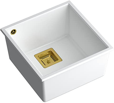 QUADRON fregadero de cocina fregadero de granito de un seno | tamaño 41 x 42 x 22,5 cm color: blanco y dorado | DAVID 40 fregadero de 1 seno | fregadero moderno con sifón manual