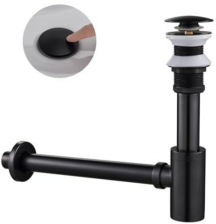 Siphon Universal für Waschbecken & Waschtisch, KEOKBON Syphon & Pop up Ventil Ablaufgarnitur ohne Überlauf Stöpsel Abfluss Geruchsverschluss Reinigungsöffnung passgenau Röhrensiphon, ORB Schwarz