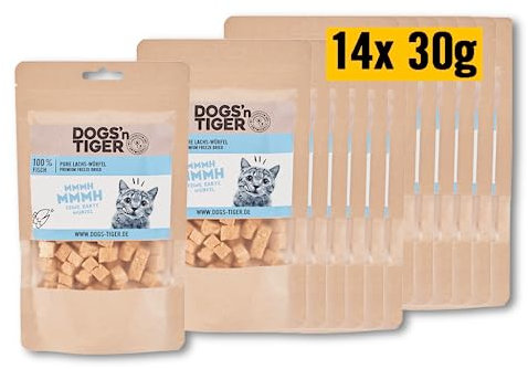 Dogs'n Tiger – Katzen Leckerlies aus 100% Fleisch – artgerechter Katzen Snack ohne Zucker, Getreide & künstliche Aromen – gut verträglich (gefriergetrocknete Lachs-Filetstückchen | 14 x 30 g)