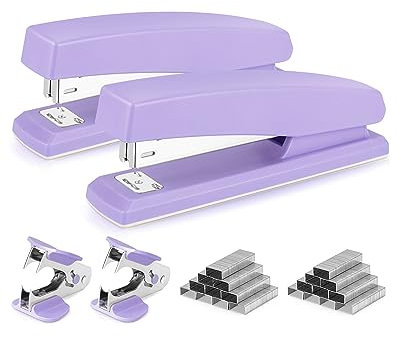 Deli Heftgerät, Schreibtischhefter, 2 Stück, Bürohefter, 25 Blatt Kapazität, inklusive 2000 Heftklammern und 2 Heftklammerentferner, 2 Stück, Violett