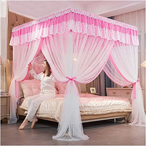 CENAP Himmelbetthimmel für Mädchen, Himmel für Schlafzimmer, Prinzessinnen-Bettvorhänge, Baldachin mit doppelter Stickerei, Spitze, Moskitonetz, Verdunkelung, King-Size-Betthimmel mit Metallhalter