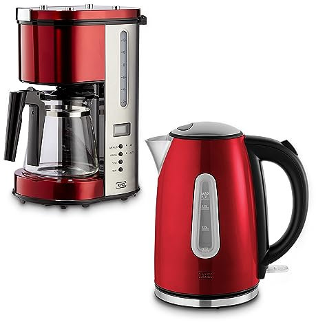 KHG Frühstücksset Wasserkocher & Kaffeemaschine Rot, Edelstahl Metallic Chrom, 1,7l Kapazität & 12 Tassen Kaffee, Kontrollleuchten, LCD-Display, Permanentfilter, Tropfstop