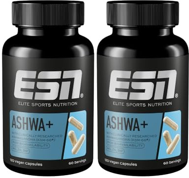 ESN Ashwa +, Ashwagandha hochdosiert, patentiertes KSM 66®, 2 x 120 Kapseln | Mit Magnesium, Vitamin B6 & Zink - made in Germany