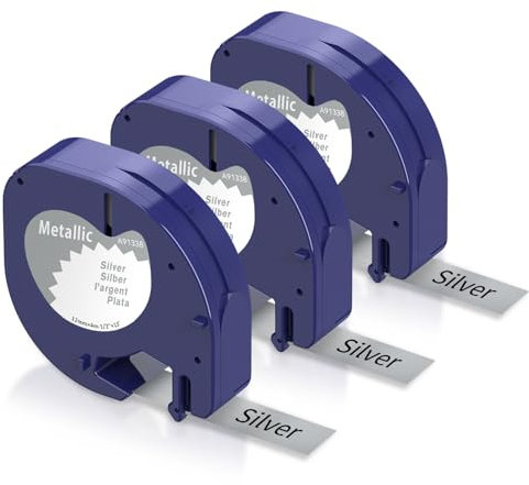 Aken Etikettenband Kompatibel mit Dymo Letratag Etikettenband Metallic Silber 12mm x 4m 91338 A91338 Kompatibel mit Dymo LetraTag 200B LT-100H Plus LT100T XR, 3 Rolle
