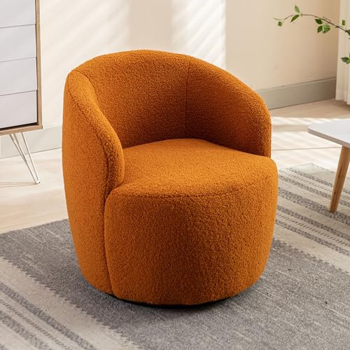 DEKKETO Teddy-Drehsessel, Runder Boucle Sessel mit 360° Drehbarem Metallfuß, Bequemer Gemütlicher Drehstuhl Ohne Rollen Schminktisch Stuhl Armlehnstuhl Lesesessel, Orange