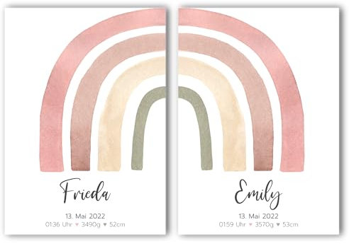 Poster 2er Set Zwillinge Geschwister | Kinderzimmrer | Wanddeko | Geburtsdaten personalisiert | Geburtsposter | Regenbogen | Junge oder Mädchen (Rosa)