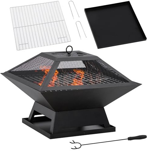 Outsunny Brasero Exterior de Acero Pozo de Fuego para Jardín Multifuncional con Protector de Chispas y Atizador para Barbacoa Hogueras en Terraza Camping 45x45x34 cm Negro