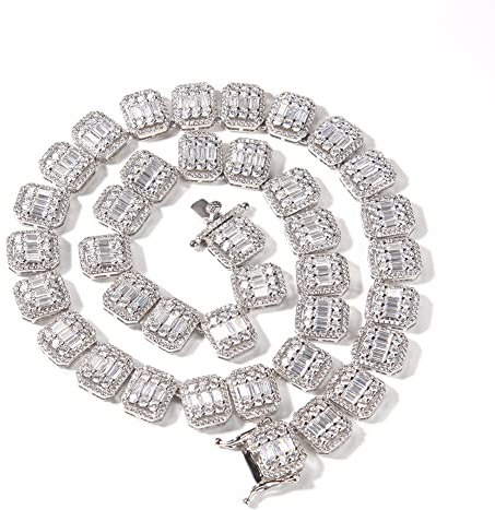 Iced Out Cubic Zirkonia Tennis Kette Halsketten, 18K Gold plated 13mm Square Sparkling Clustered Block Tennis Kette Armbänder Halskette Cuban Link Chain Hip Hop Schmuck Geschenke für Männer Frauen