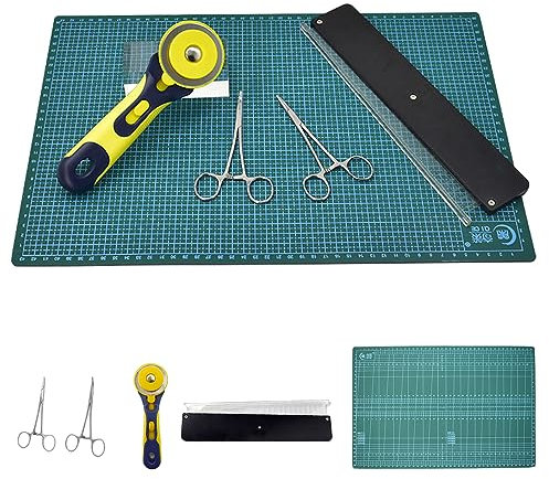 Runzkzy Slingshot Rubber Band Cutting Tools Including Rotary Cutter, Cutting Mat and Ruler, Hemostats, Cutting Tool for DIY Slingshot Rubber Bands with Craft Self Healing Cutting Mat (A)