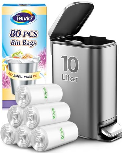 Teivio 10 Liter Small Bin Bags - 80 Count Thick Plastic Waste Liners for Bathroom, Kitchen, Office - Fits 7.5-10L Rubbish Bins, Clear